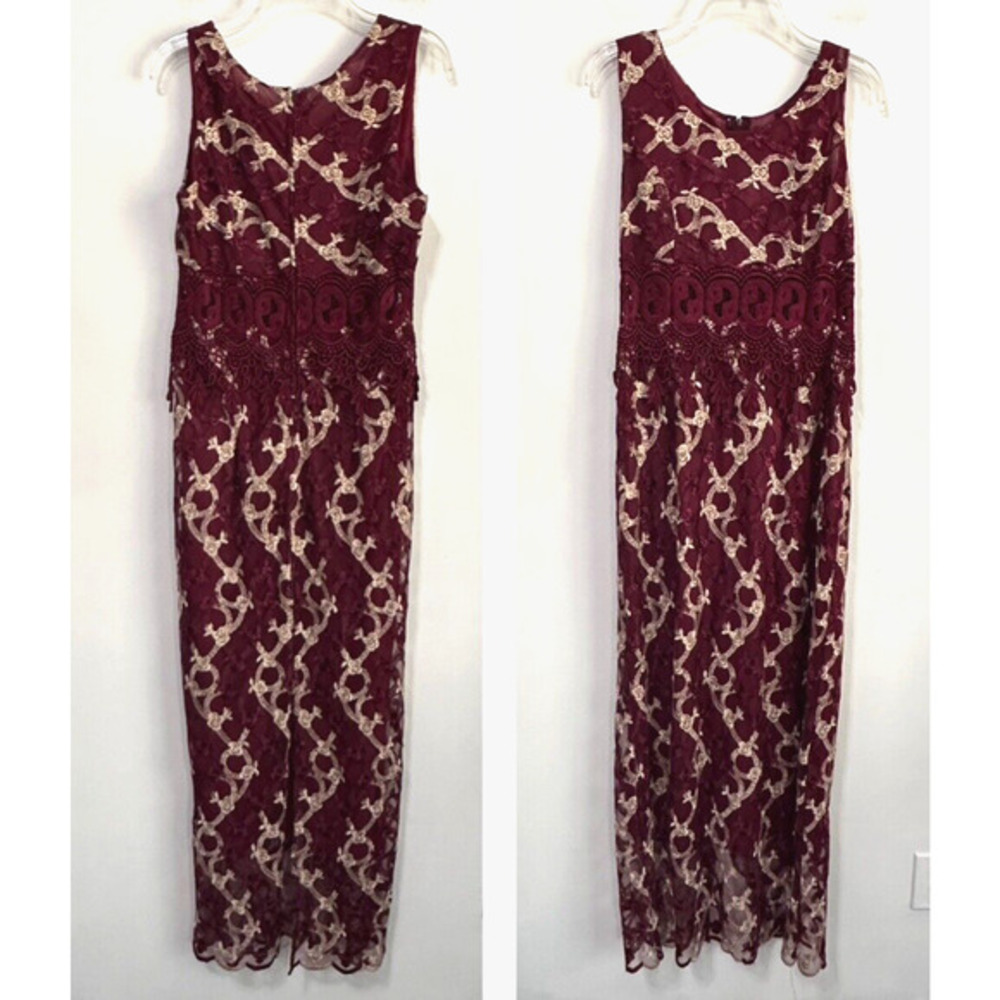San Julian Dress L Maroon‎ Gold Lace Overlay Stretch Sleeveless Vintage Midi